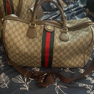 2 Piece inspired Signature Brown Duffel Bag with Red and Green Stripes